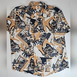 C&C California Mens Button Down Shirt XL Tan‎ Navy Blue Hawaiian Tropical Vaca